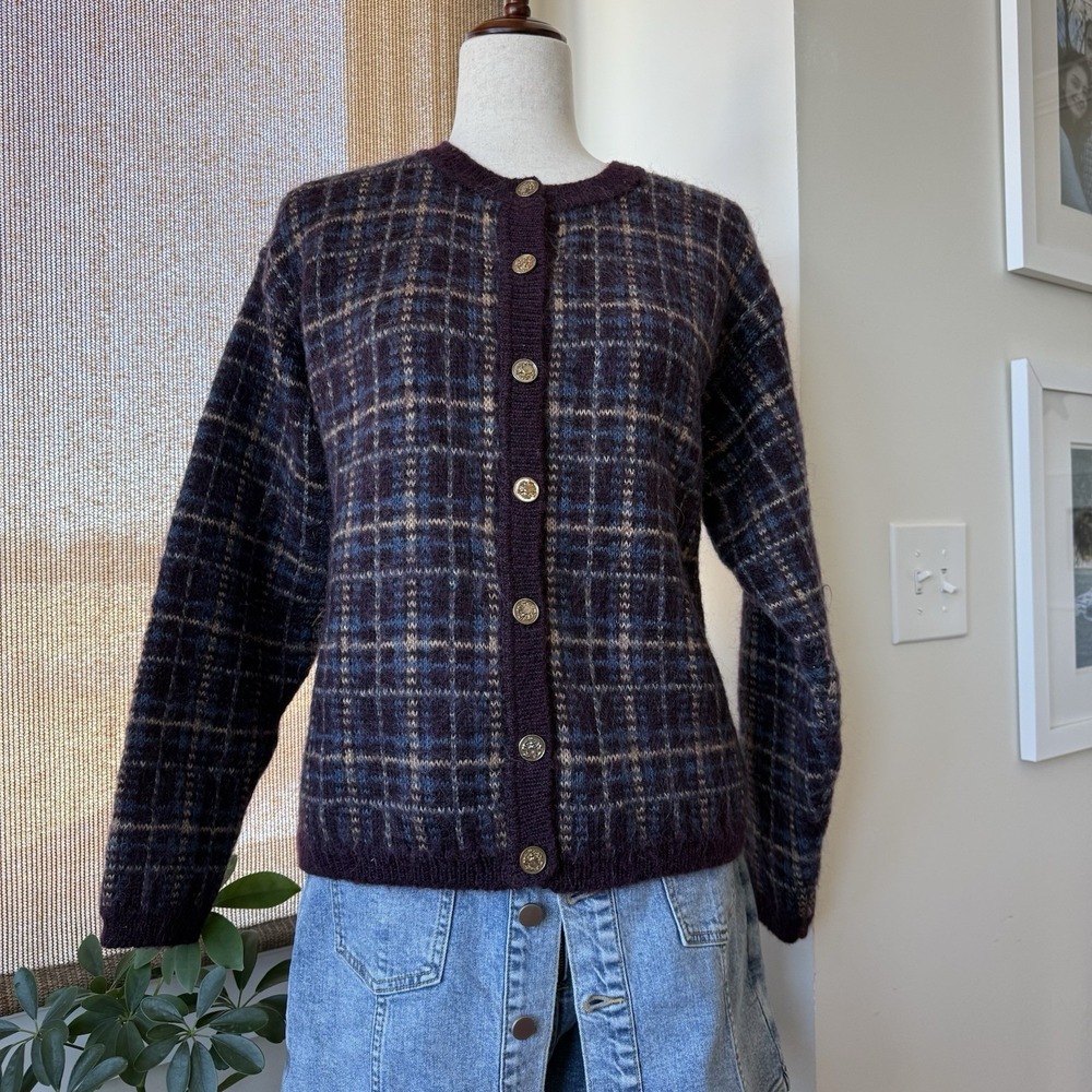 Vintage EQUORIAN HERITAGE Mohair blend‎ Cardigan L 18/20 Tartan Plaid Embossed